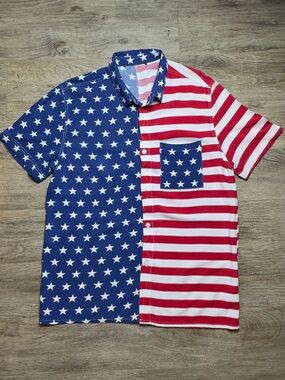 Forever 21 Men's American Flag Short Sleeve Button-Up Shirt - Red & Blue